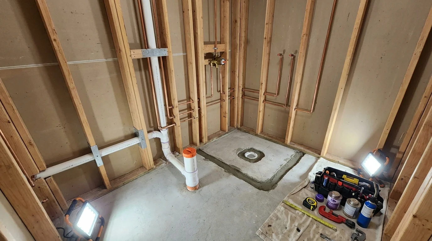 Bathroom rough-in plumbing during remodel by Johns Plumbing LLC in Dora